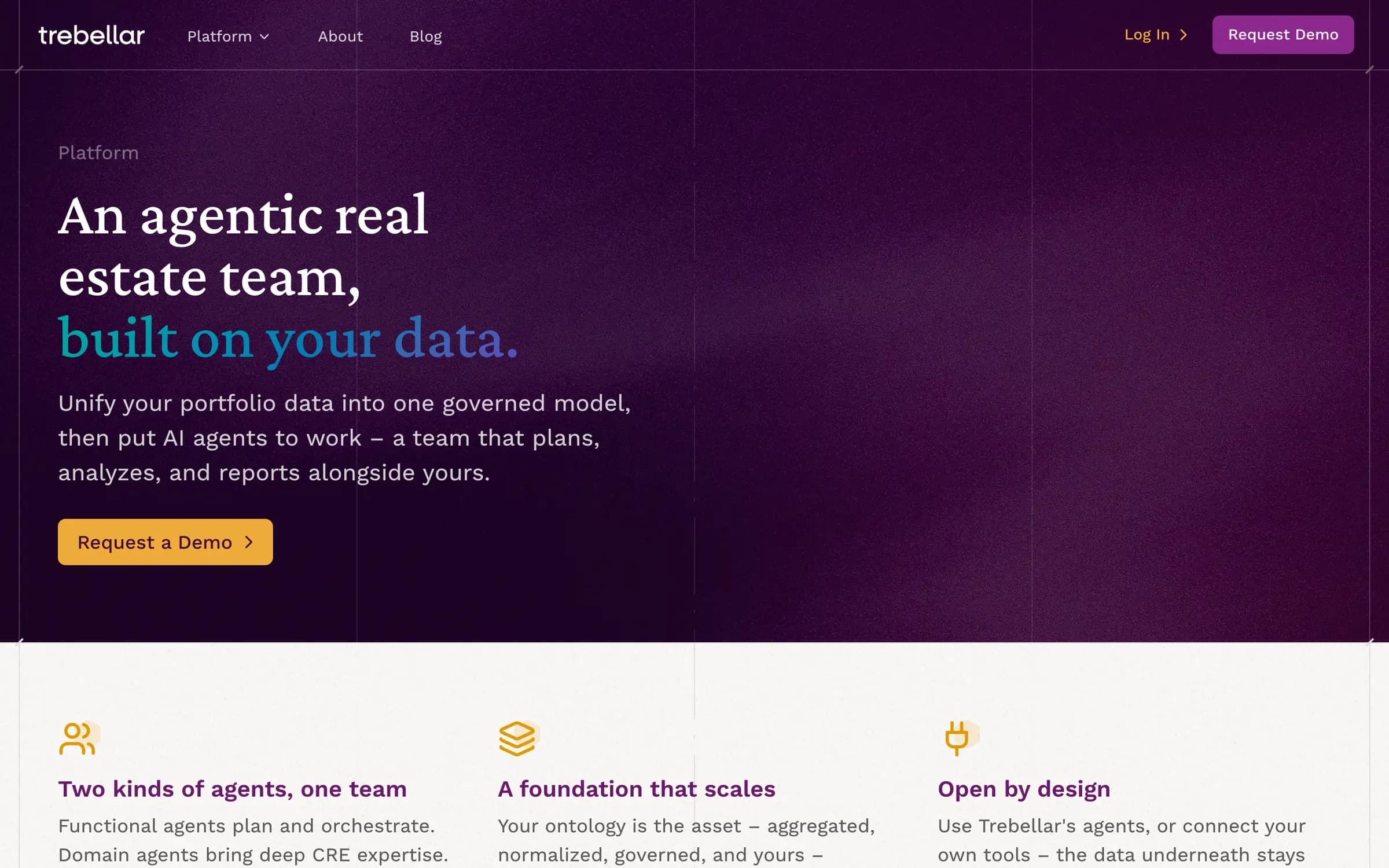 The platform page on deep purple: An agentic real estate team, built on your data, and three of its features