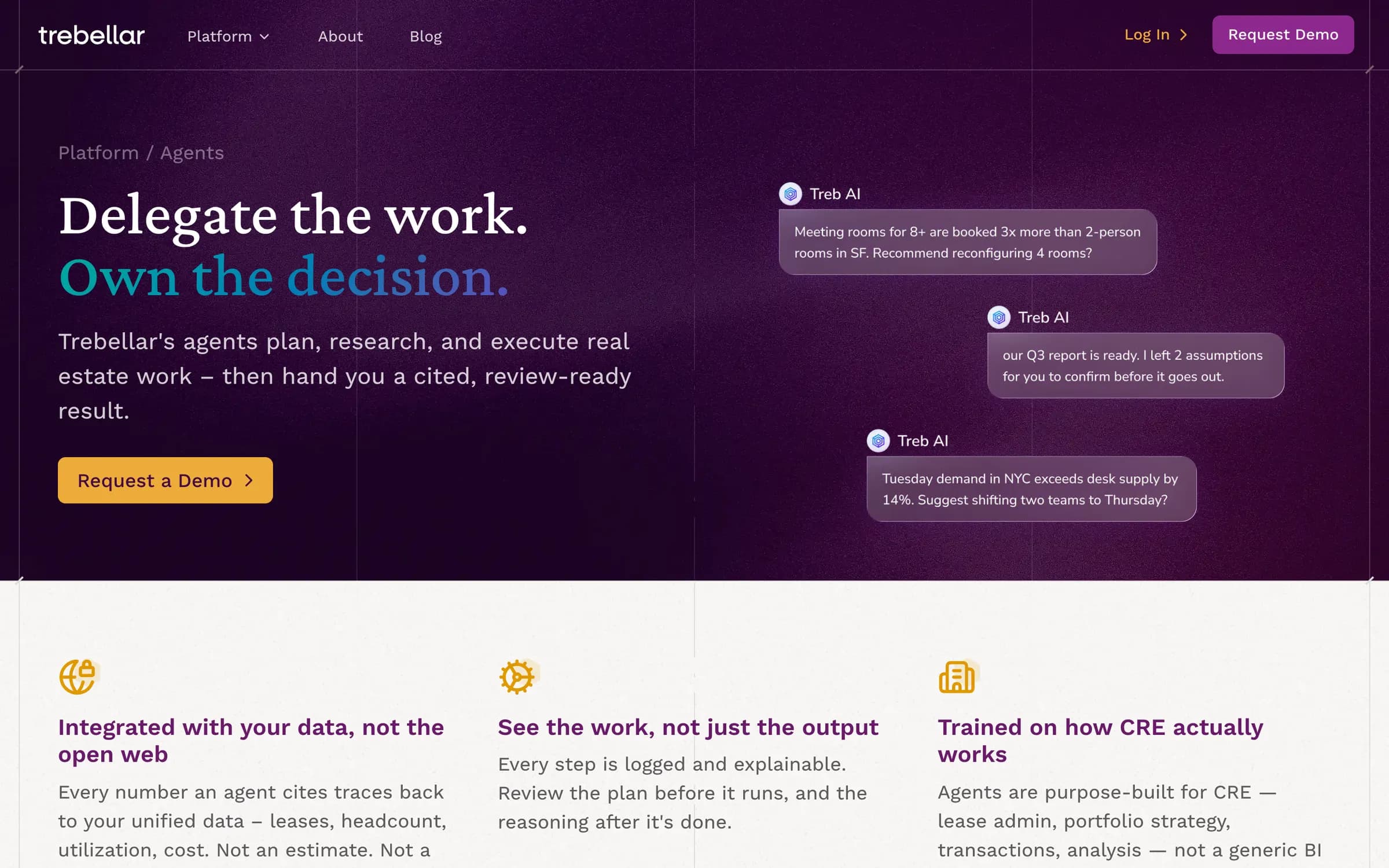 The agents page: Delegate the work. Own the decision., beside chat messages from Treb AI