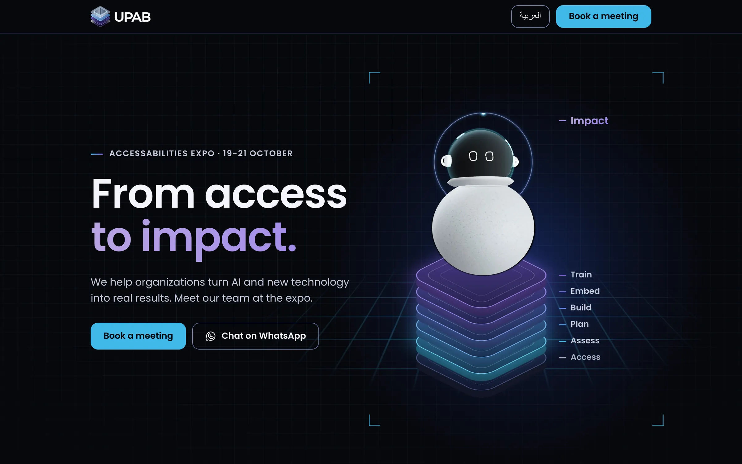 UPAB's expo page: From access to impact., beside the mascot on a glowing platform, with Book a meeting and Chat on WhatsApp