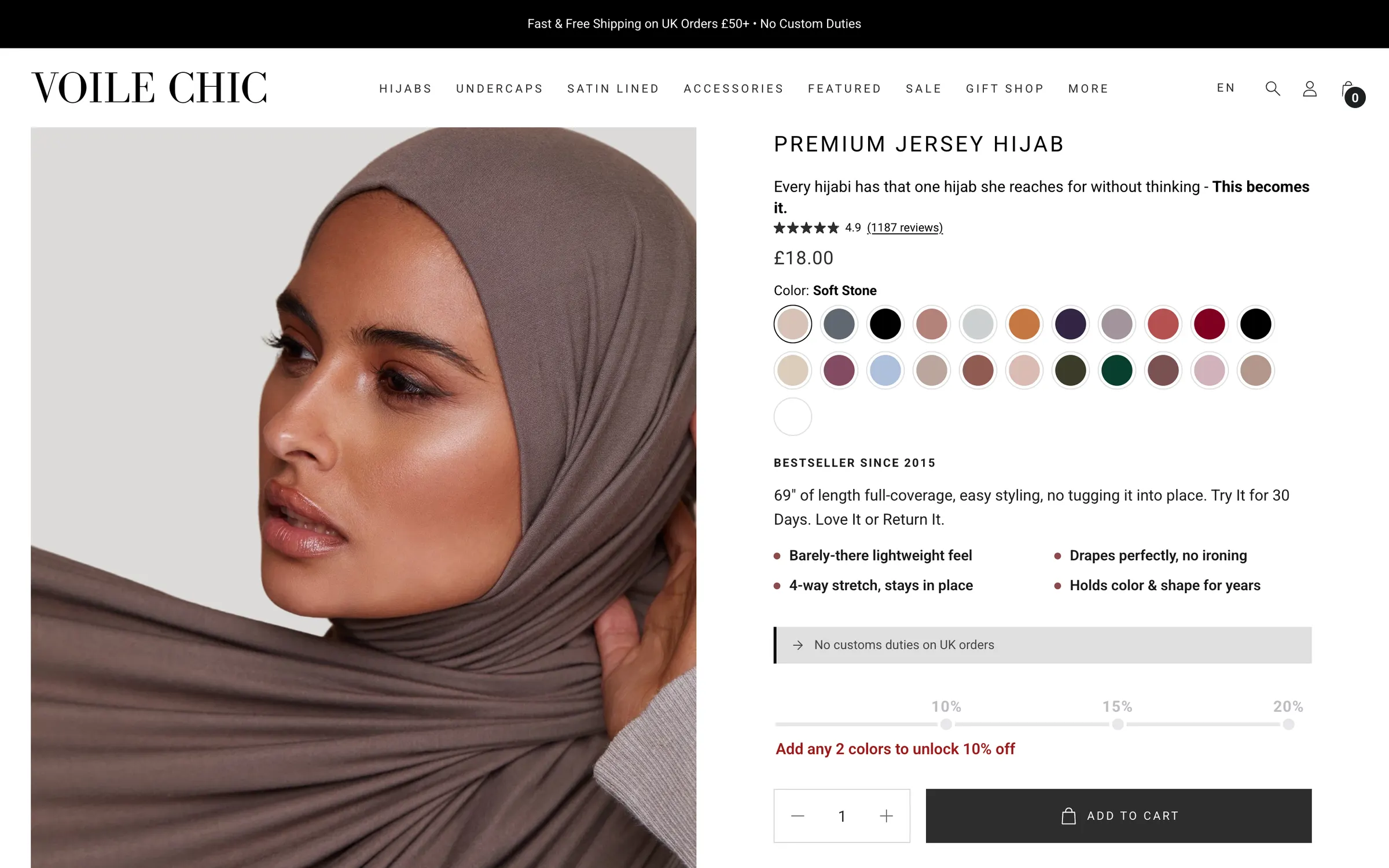 The Premium Jersey Hijab product page: a woman in a soft stone hijab, the price, a row of colour swatches and add to cart