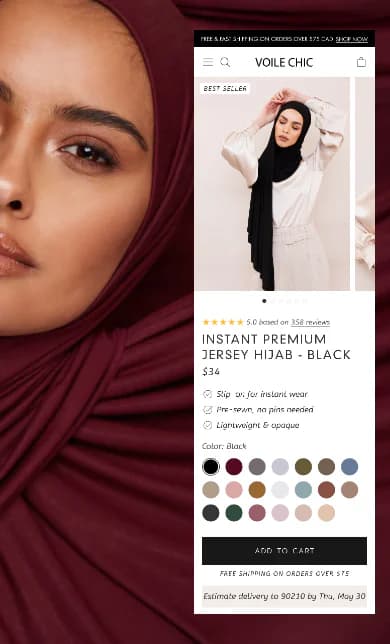 A woman in a dusty pink jersey hijab next to the new VoileChic product page, with its colour swatches and add to cart button