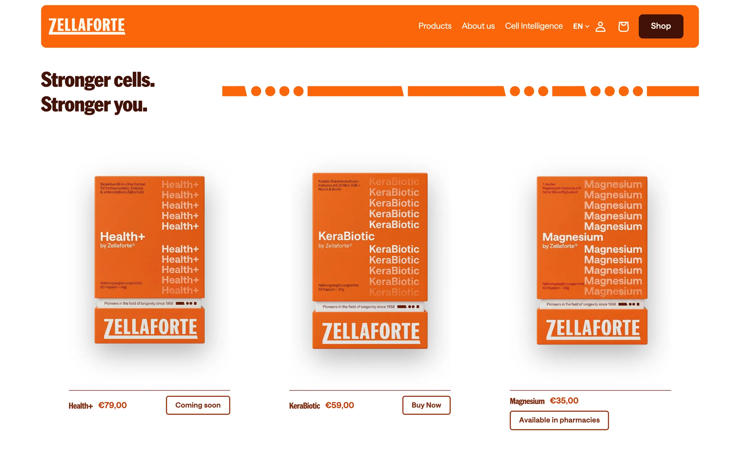 The products page: Stronger cells. Stronger you., and the orange Health+, KeraBiotic and Magnesium boxes with their prices