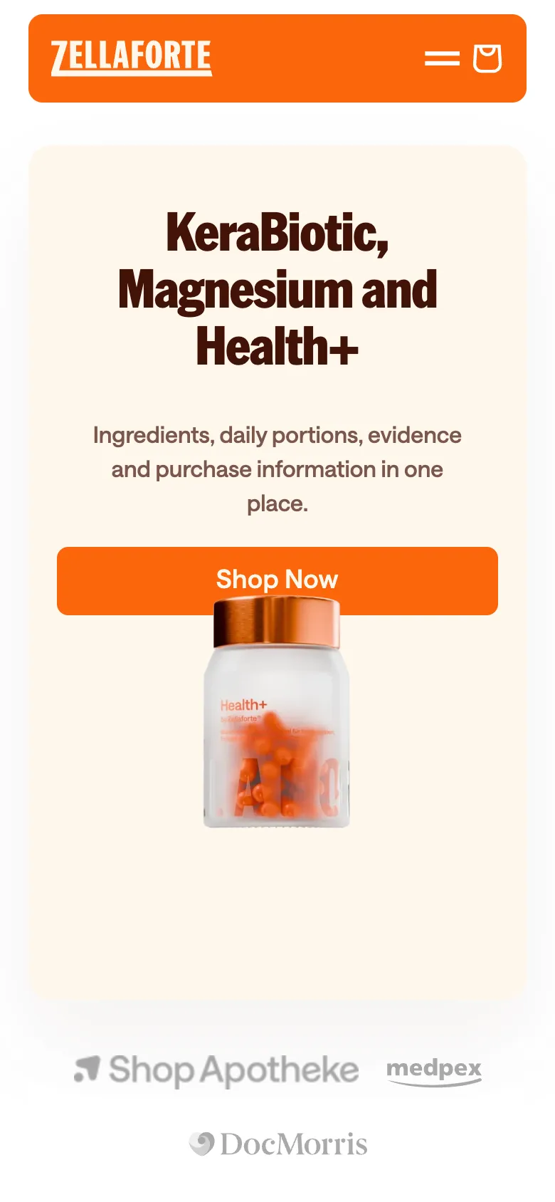 The homepage on a phone: the headline, a Shop Now button and the jar of capsules