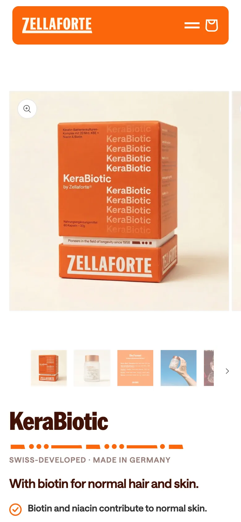 The KeraBiotic product page on a phone: the orange box and With biotin for normal hair and skin