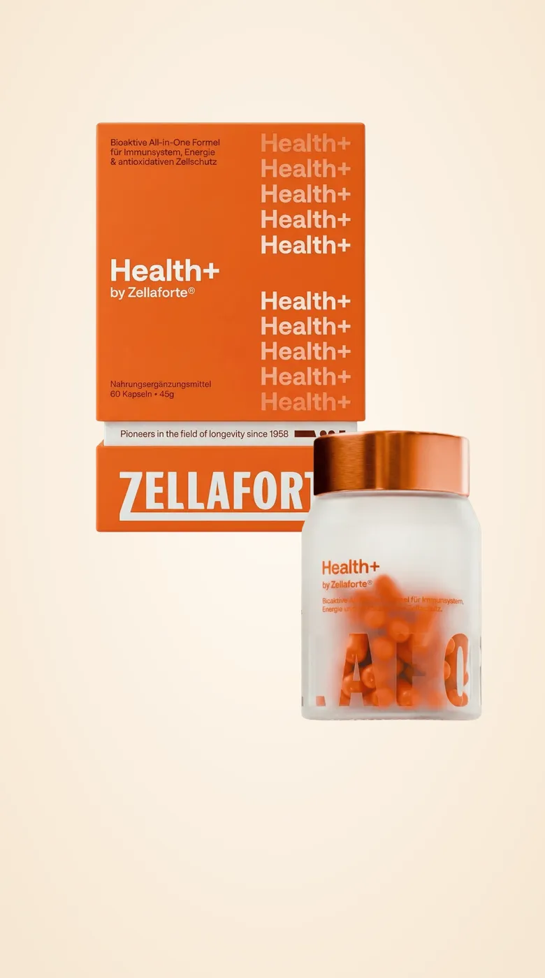 A Zellaforte Health+ box and a jar of orange capsules on cream