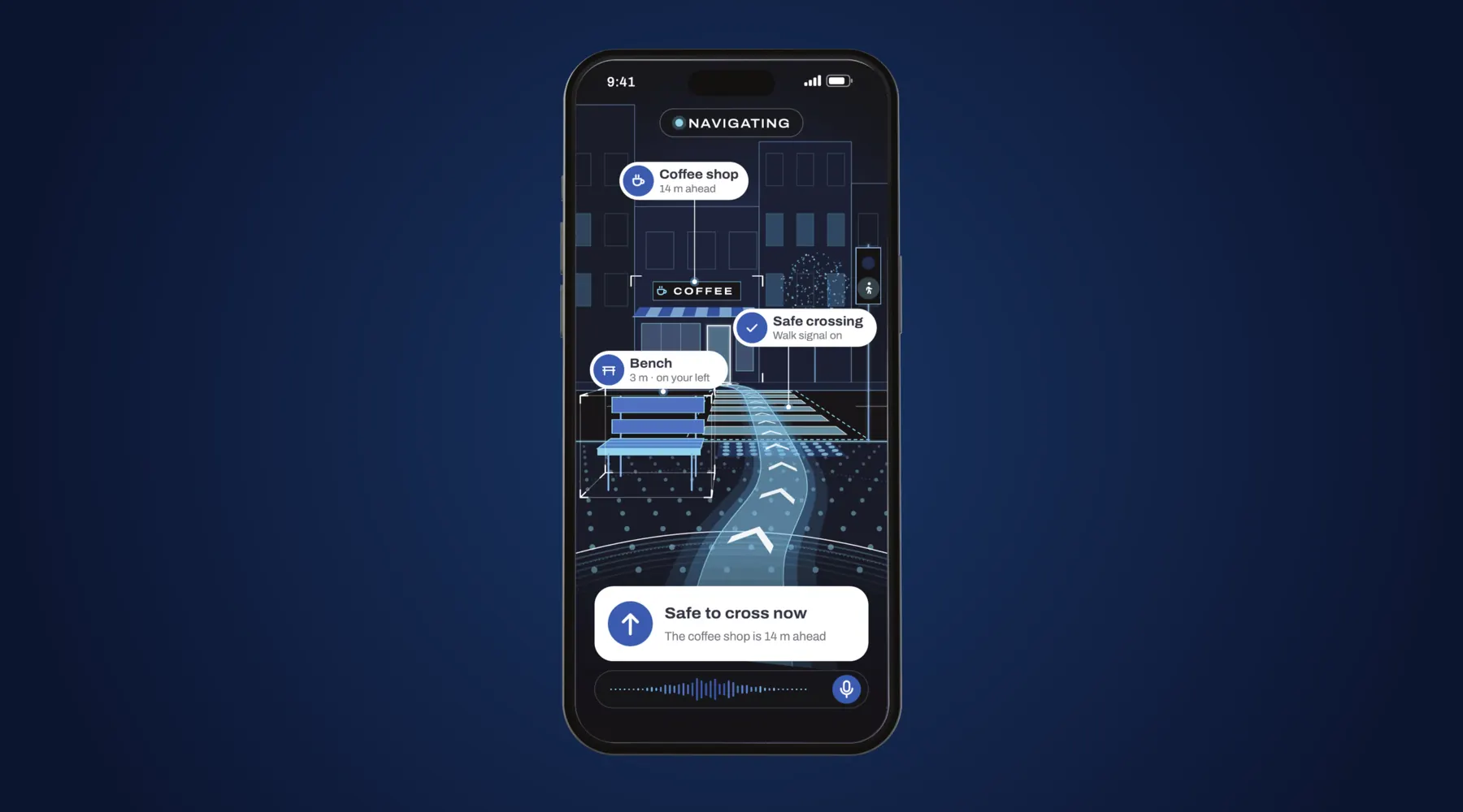The ARA app on a phone, guiding the way to a coffee shop past a bench and a safe crossing