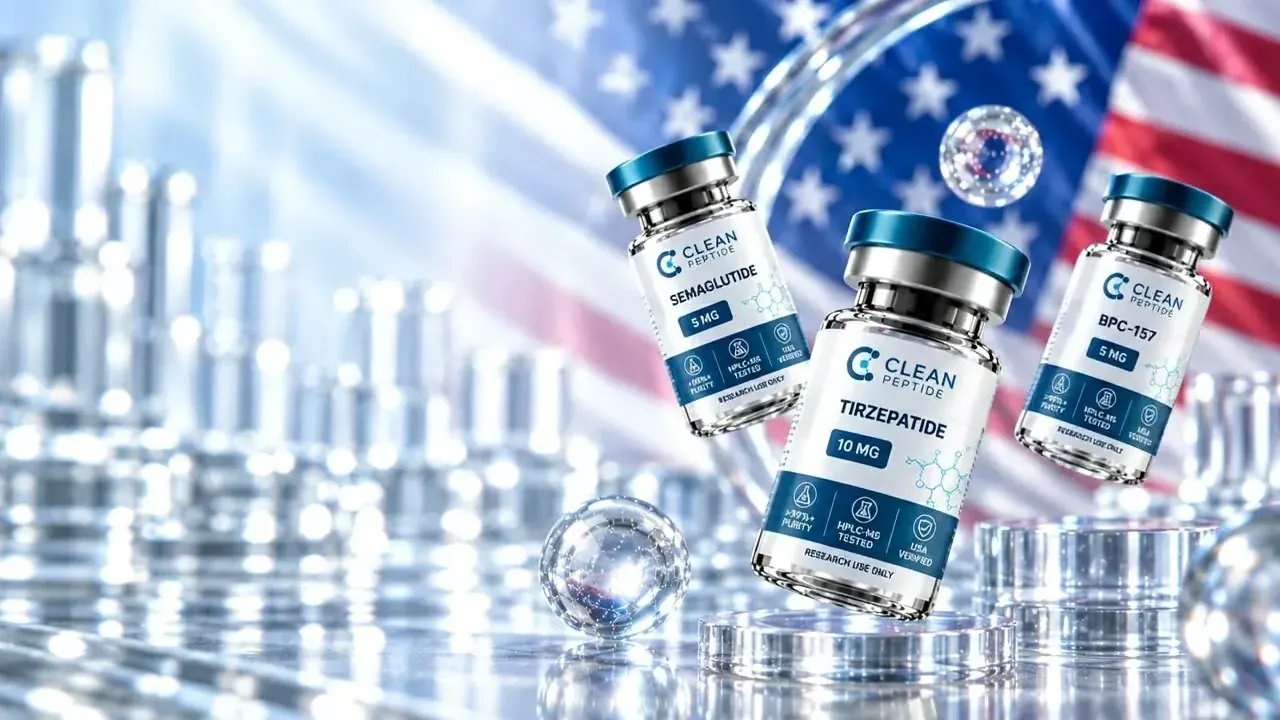 Vials of Semaglutide, Tirzepatide and BPC-157 from Clean, in front of a U.S. flag