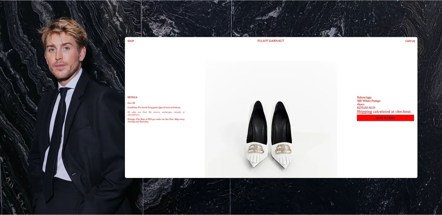 A man in a black suit beside the Elliot Garnaut product page for white Balenciaga pumps
