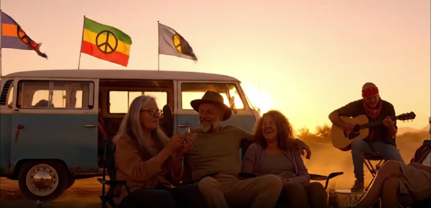 Friends around a vintage camper van at sunset, with peace flags and a guitar