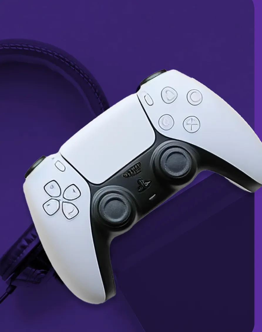 A white game controller on a violet set, one of the product types on the Ops Engine site