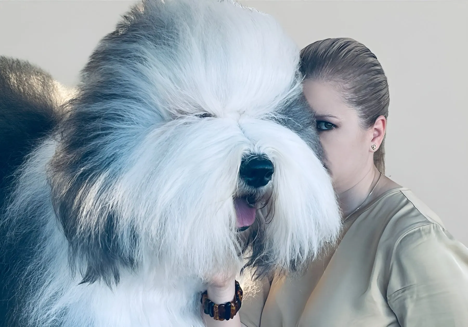 A woman cheek to cheek with a long-haired Old English Sheepdog