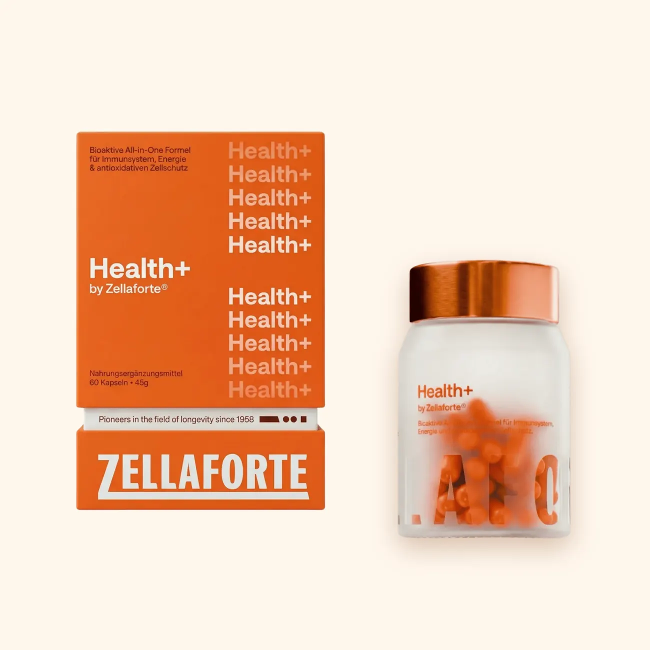 A Zellaforte Health+ box and a jar of orange capsules on cream