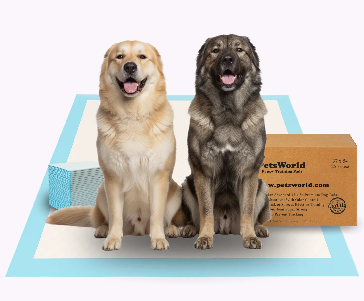 Two dogs sitting on a PetsWorld pee pad beside its box